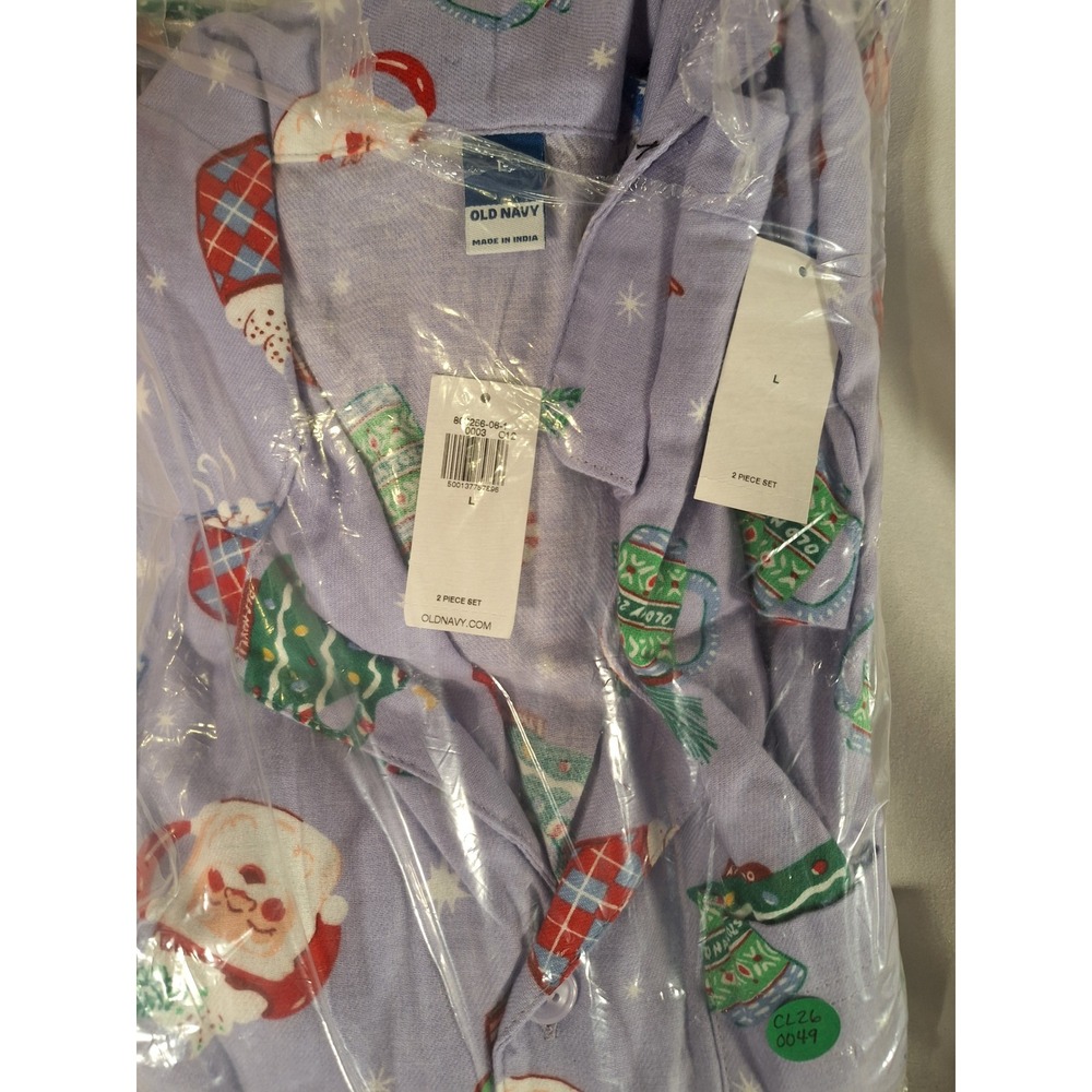 Old Navy Mens Flannel Pajama Set Large L Purple Santa Snowman Holiday 2pc 803256